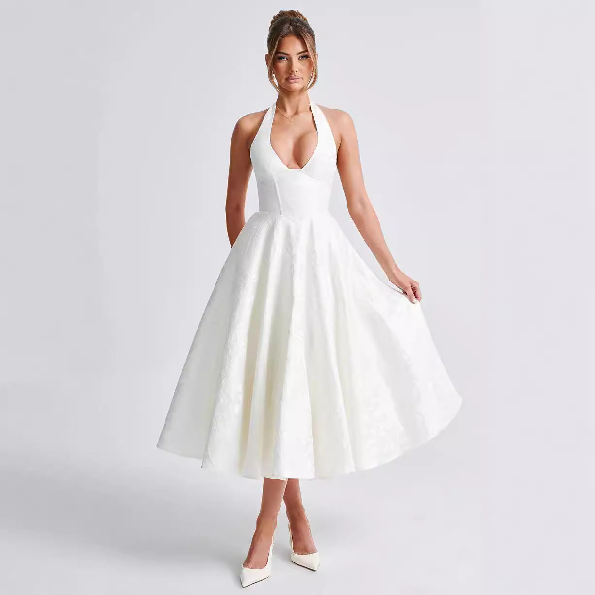 Kemetta™ –  Robe de Soirée à Col Halter en Jacquard Fleuri