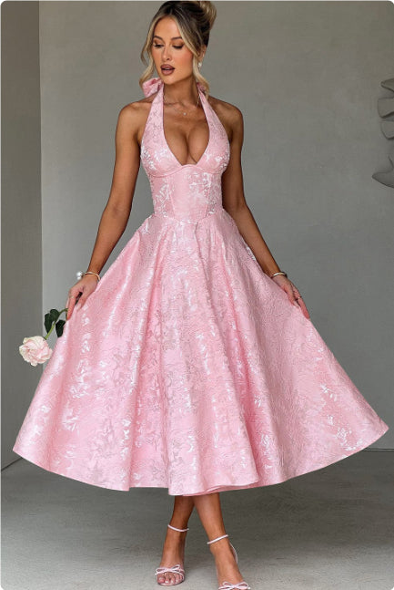 Kemetta™ –  Robe de Soirée à Col Halter en Jacquard Fleuri